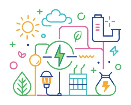 Colorful illustration depicting sustainable renewable energy sources including solar wind and geothermal vector