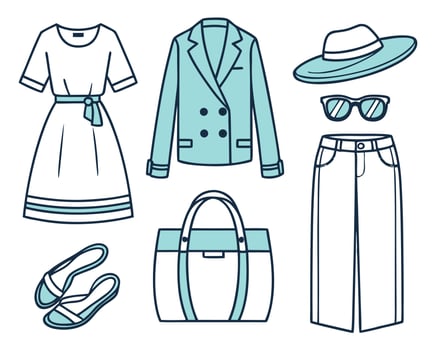 illustration of women's fashion items including dress blazer sunglasses and handbag vector
