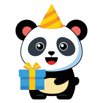 Adorable cartoon panda wearing party hat with gift box celebrating a birthday illustration vector