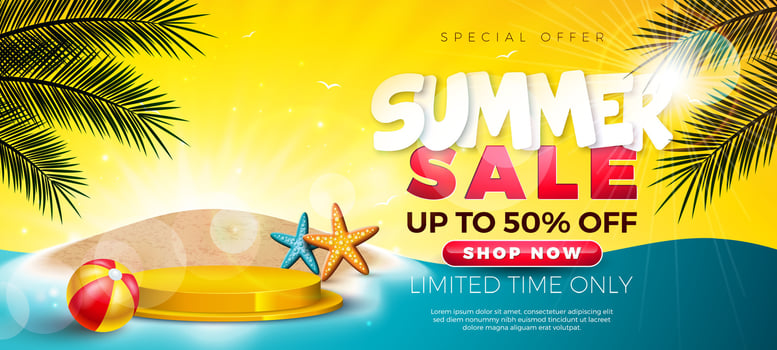 Summer Sale Banner Design with Tropical Palm Leaves, Paradise Island and Stage Podium on Sun Yellow Background. Vacation Business Promotional Shopping Illustration with Special Offer Typography vector