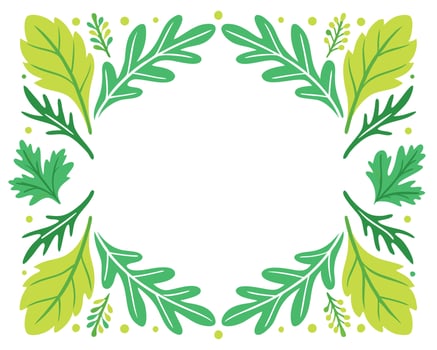 Decorative frame composed of stylized green and yellow leaves bordering a white background vector