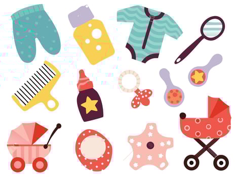 Cute illustrated collection of baby essentials and accessories in soft pastel colors vector