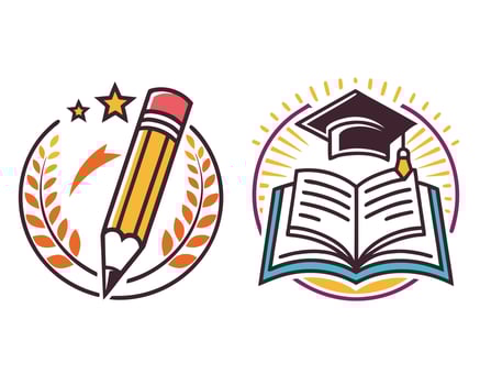 Colorful education and learning icons featuring pencil books graduation hat and stars vector