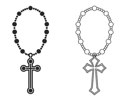 Black and white illustrations of two rosary necklaces with cross pendants on a white background vector