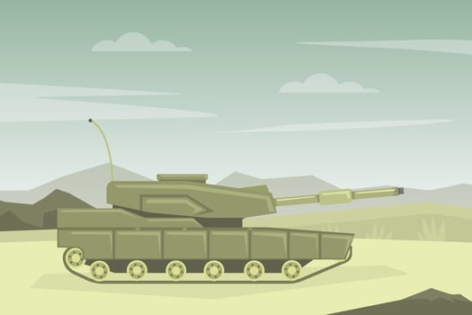 Modern Military Tank in Desert Landscape Flat Illustration vector