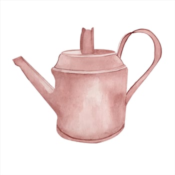 Watercolor brown metal garden watering can. Composition isolated from the background. Gardening tools for watering flowers. Plants and flowers. For Scrapbooking, cards, invitations, printing vector