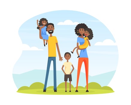 Happy African American Family, Father, Mother, Son and Daughters, Parents and Kids Standing Together on Nature Landscape Cartoon Illustration vector