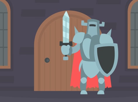 Medieval Knight Warrior in Full Body Armour in Medieval Castle Interior Cartoon Illustration vector