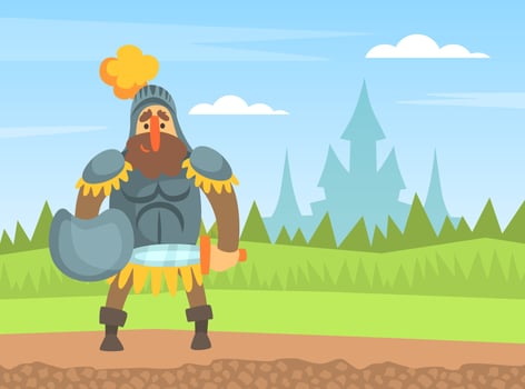 Medieval Knight Warrior in Armour Standing on Nature Landscape with Sword and Shield Cartoon Illustration vector