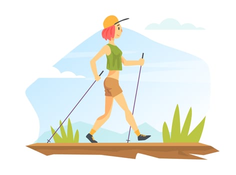 Young Woman Performing Nordic Walking in Park, People in Sports Outfit Enjoying Walking in Open Air Cartoon Illustration vector