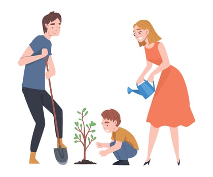 Young Family with Kid Planting Tree Sapling and Watering It Illustration vector