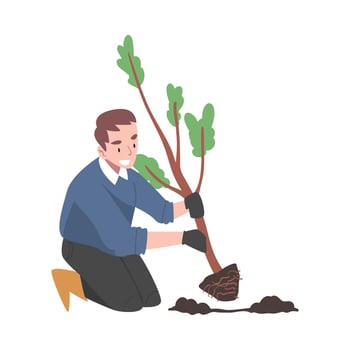 Young Man in Rubber Garden Boots Planting Tree Sapling Illustration vector