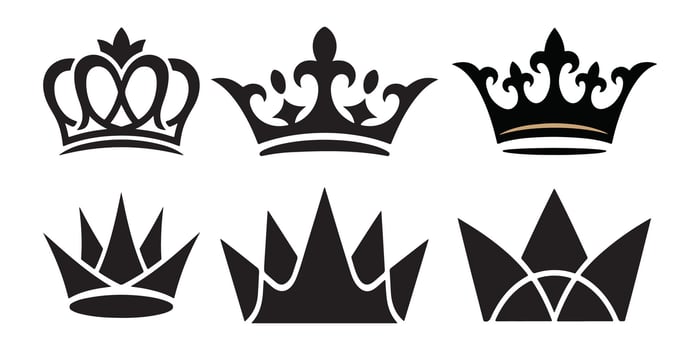 Six black crown icons with gold accent royal symbol vector