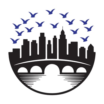 Black cityscape with bridge and blue birds skyline vector