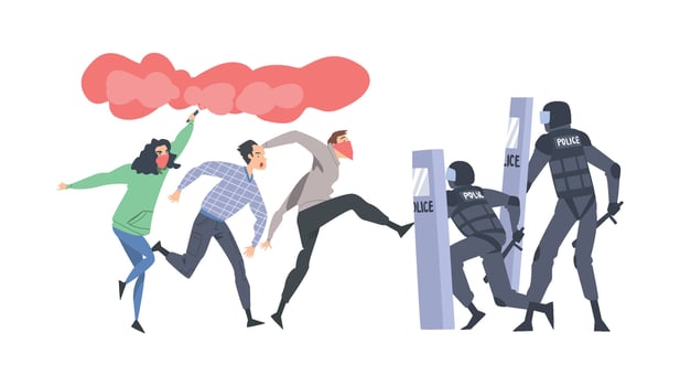 Young Man and Woman Rioters with Smoke Grenade Fighting with Armed Police Officers Illustration vector