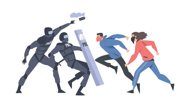 Aggressive Man Rioters Fighting with Armed Police Officers Illustration vector
