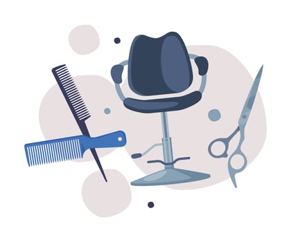 Hairdresser Tools Set, Barber Supplies for Styling Professional Haircut, Scissors, Comb, Barber Chair Cartoon Illustration. vector