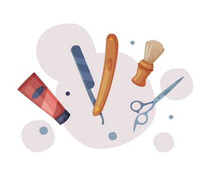Hairdresser Tools Set, Barber Supplies for Styling Professional Haircut, Shaving Cream, Straight Razor, Scissors Cartoon Illustration vector