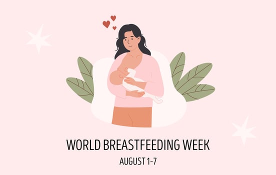 World Breastfeeding Week horizontal banner. Mother nursing the baby. Poster for lactation awareness and maternal health support. Flat Style Illustration. vector