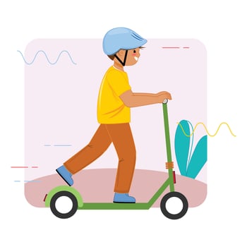 Kid on kick scooter, outdoor activity, summer fun, child playing, happy childhood, flat character design vector