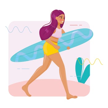 Surfer girl with surfboard walking on beach, summer water sport, happy vacation vector