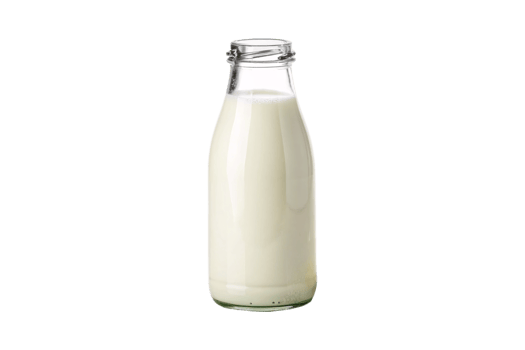 Glass milk bottle filled with fresh white dairy milk in vintage style container, isolated on a transparent background png