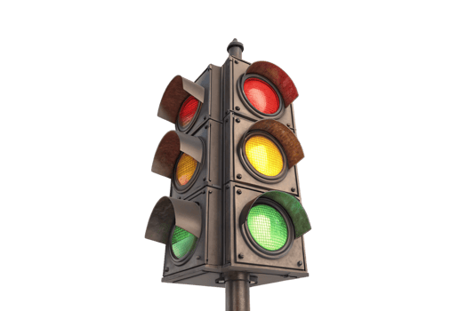 Vintage traffic light with red, yellow, and green illuminated signals on weathered bronze pole, isolated on a transparent background png