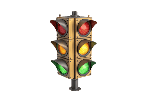 Classic four-way traffic signal with bright red, yellow, and green lights mounted on golden post, isolated on a transparent background png