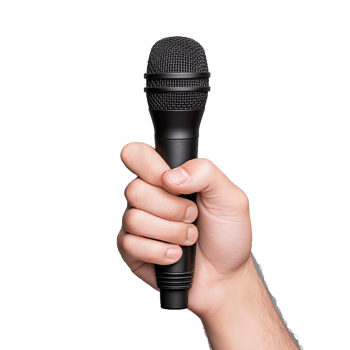 Close-up of a hand holding a microphone on a transparent background, perfect for themes related to communication, music, and broadcasting. png