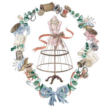 Watercolor illustration of vintage sewing accessories with mannequin. For the design of postcards, business cards, sewing blogs, master classes, notebooks, packaging of haberdashery, handicraft goods. png