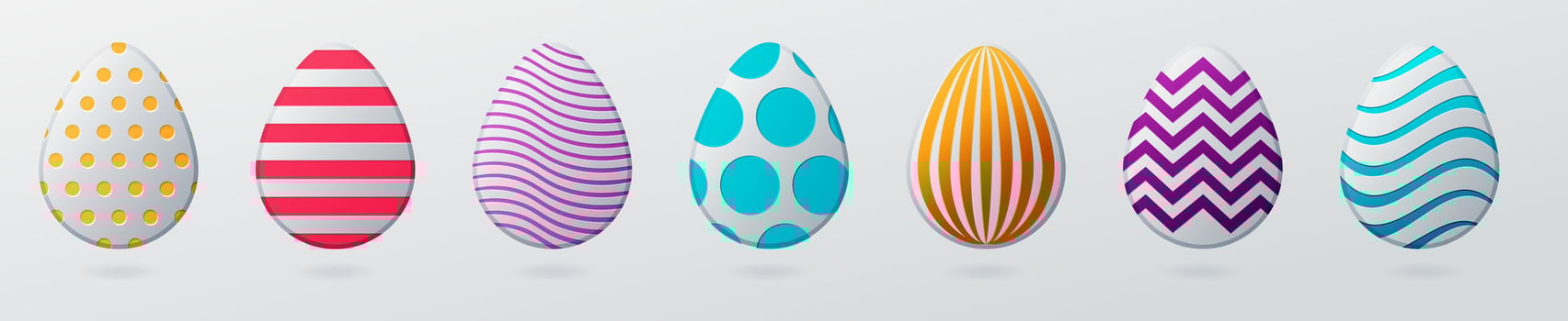 Colorful easter eggs. Set of egg with dot patterns, spiral and lines pattern on a for design for cards, posters, invitations for Easter. vector