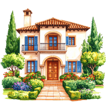 Mediterranean Style House Watercolor Illustration png