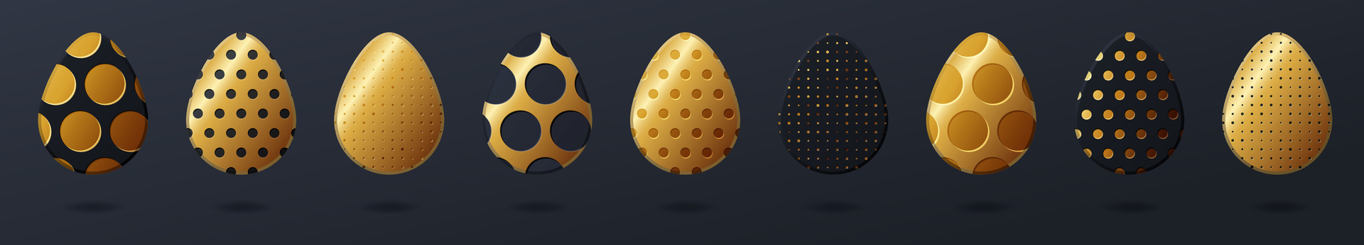 Gold easter eggs. Set of golden and black egg with dot patterns, spiral and lines pattern on a dark background. vector