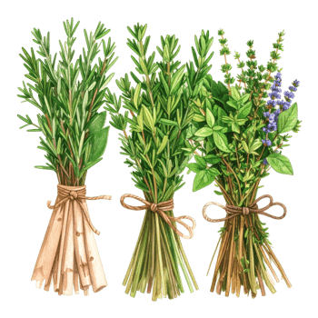 Three Bundles of Fresh Culinary Herbs on Transparent png