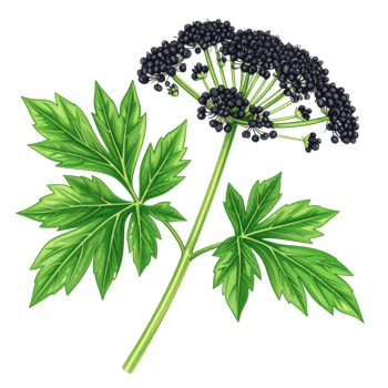 Detailed Botanical Illustration of a Plant with Dark Berries and Green Leaves png