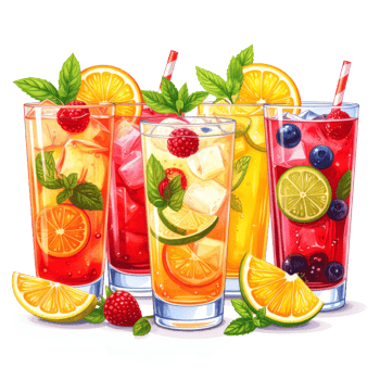 Colorful Fruit Cocktails in Glasses with Ice png