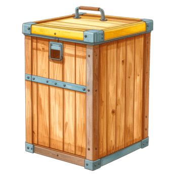 Wooden Crate with Yellow Lid and Metal Accents png