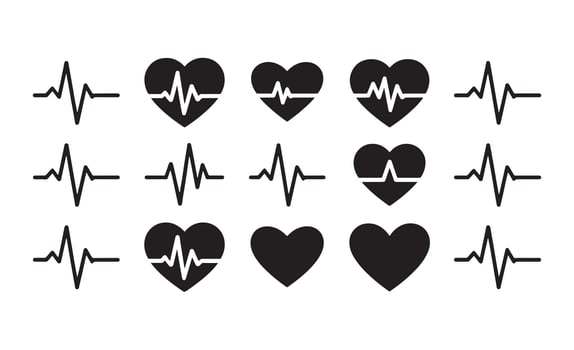 Collection of black heart and electrocardiogram icons on a white background vector