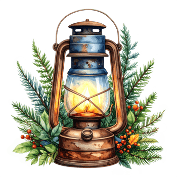 Rustic Watercolor Lantern with Evergreen Branches png