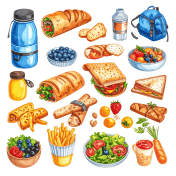 Watercolor Picnic Food Illustration with Backpack png