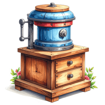 Vintage Blue Metal Grinder on Wooden Stand png