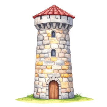 Stone Tower Watercolor Illustration with Red Roof png