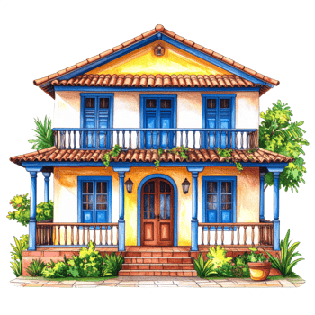 Yellow and Blue Two Story Colonial House Illustration png