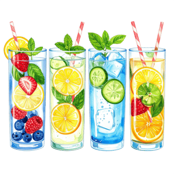 Four Colorful Refreshing Fruit Infused Water Glasses png
