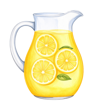 Yellow Lemonade in Glass Pitcher with Lemon Slices png