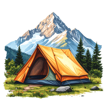 Orange Tent Near Snowcapped Mountain in Green Forest png
