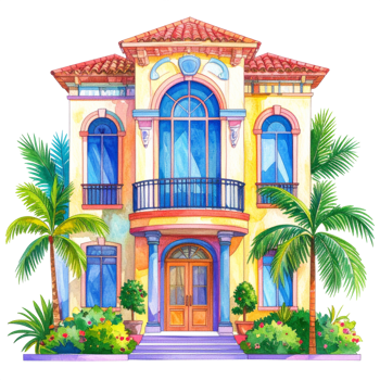 Watercolor Painting of a Yellow Mediterranean Style House png