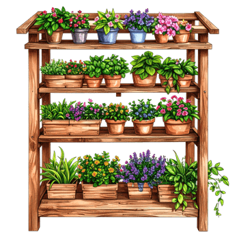 Wooden Shelf with Colorful Potted Plants and Flowers png