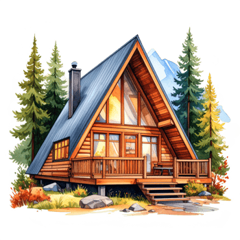 Watercolor Illustration of a Wooden A-Frame House in Mountains png