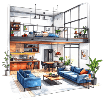 Modern Loft Apartment Watercolor Illustration png
